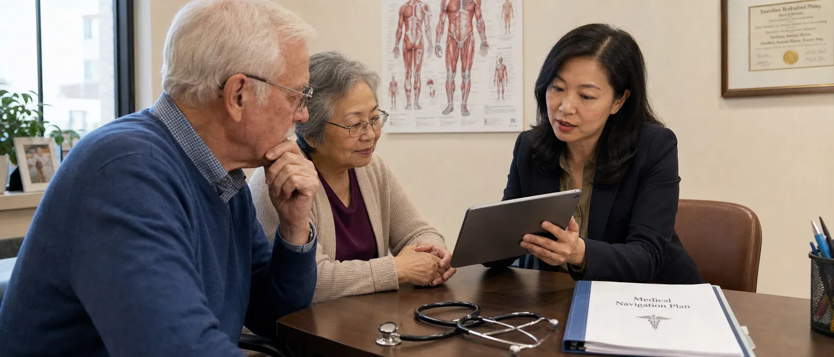 International medical team reviewing global healthcare network